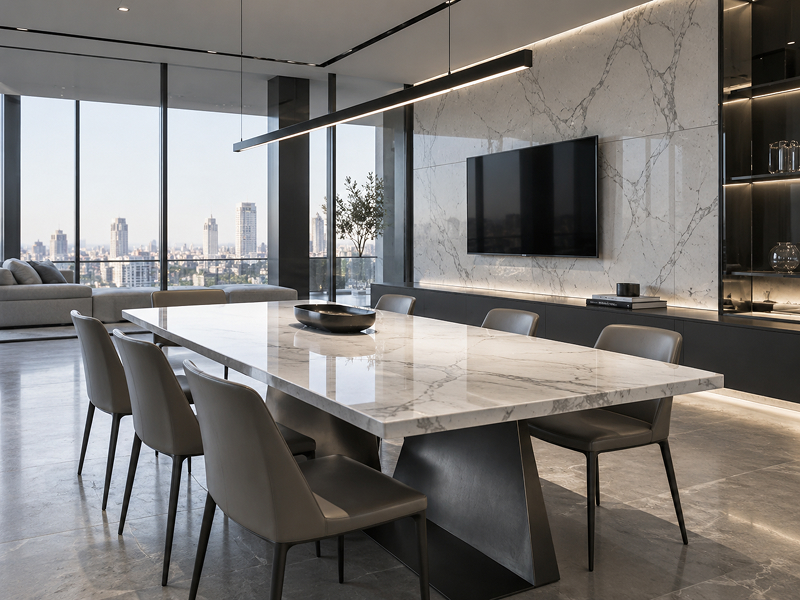 Кварцевый агломерат в интерьере хай-тек